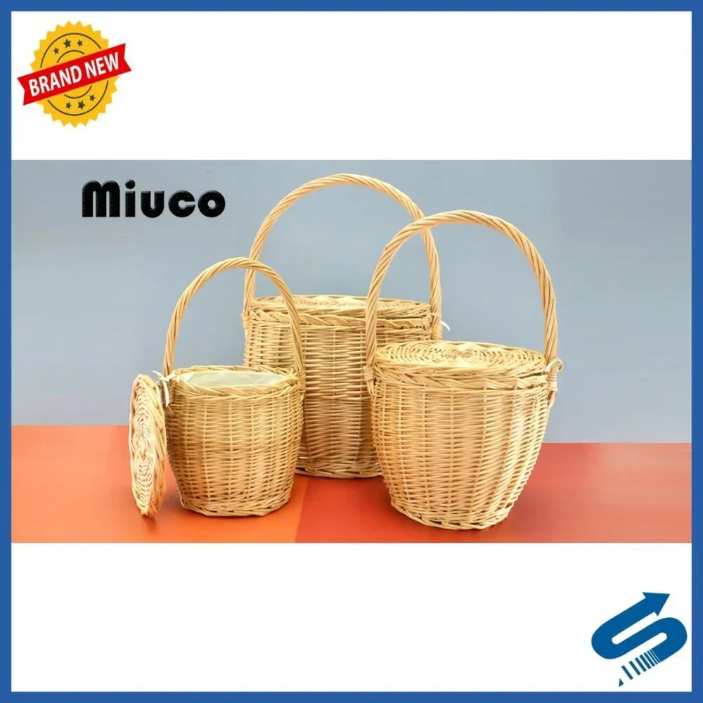 Handmade Straw Rattan Bamboo Bag With Lid Top Handle Boho Chic Tote